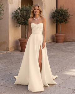 Satin Strapless Ruched Wedding Dress with High Slit
