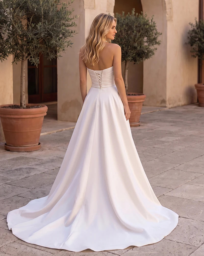 Satin Strapless Ruched Wedding Dress with High Slit