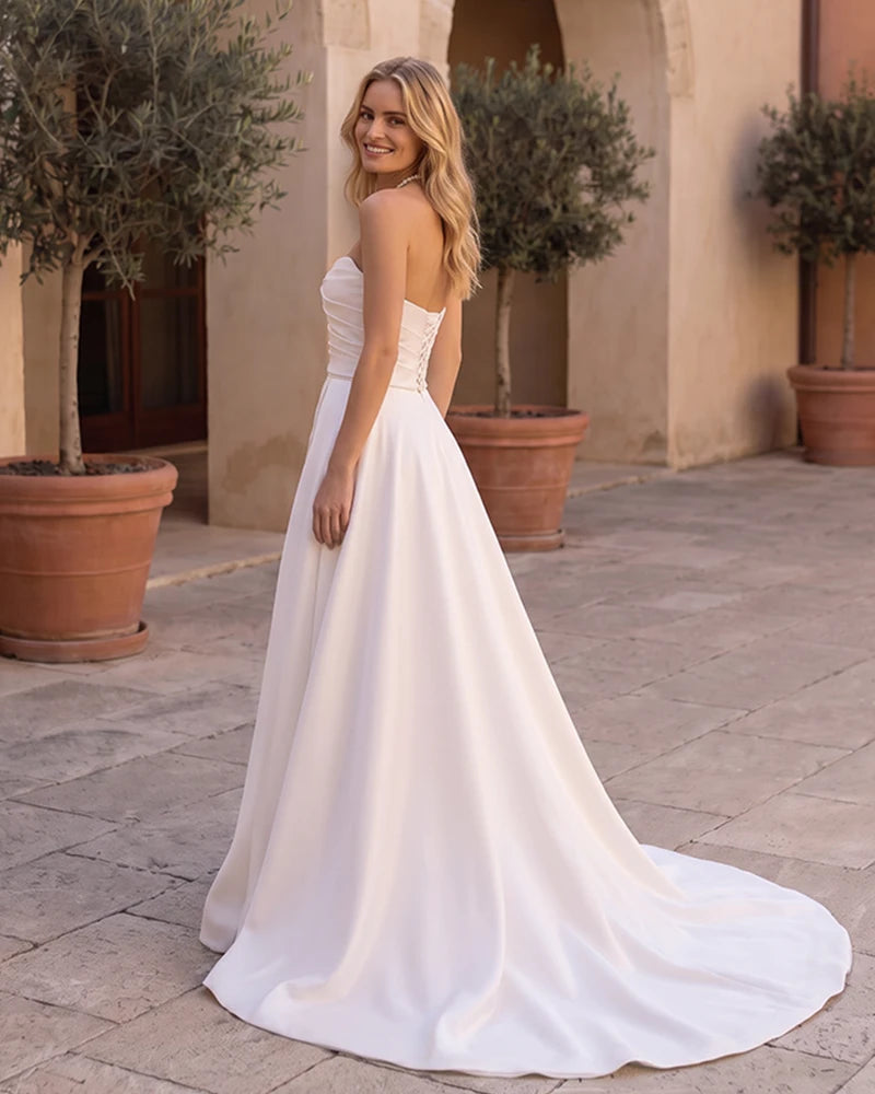 Satin Strapless Ruched Wedding Dress with High Slit