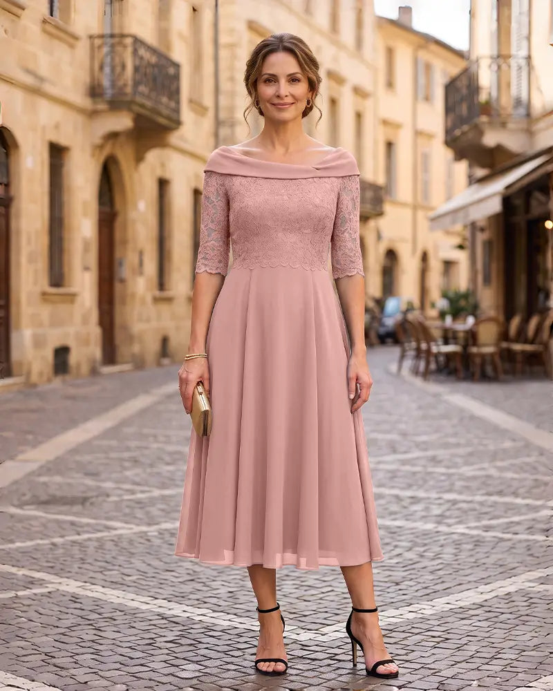 Off‑the‑Shoulder 3/4 Lace Sleeve Mother of the Bride Dress