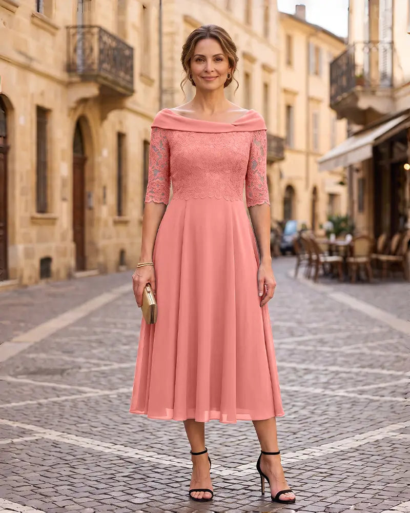 Off‑the‑Shoulder 3/4 Lace Sleeve Mother of the Bride Dress