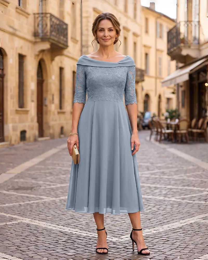 Off‑the‑Shoulder 3/4 Lace Sleeve Mother of the Bride Dress