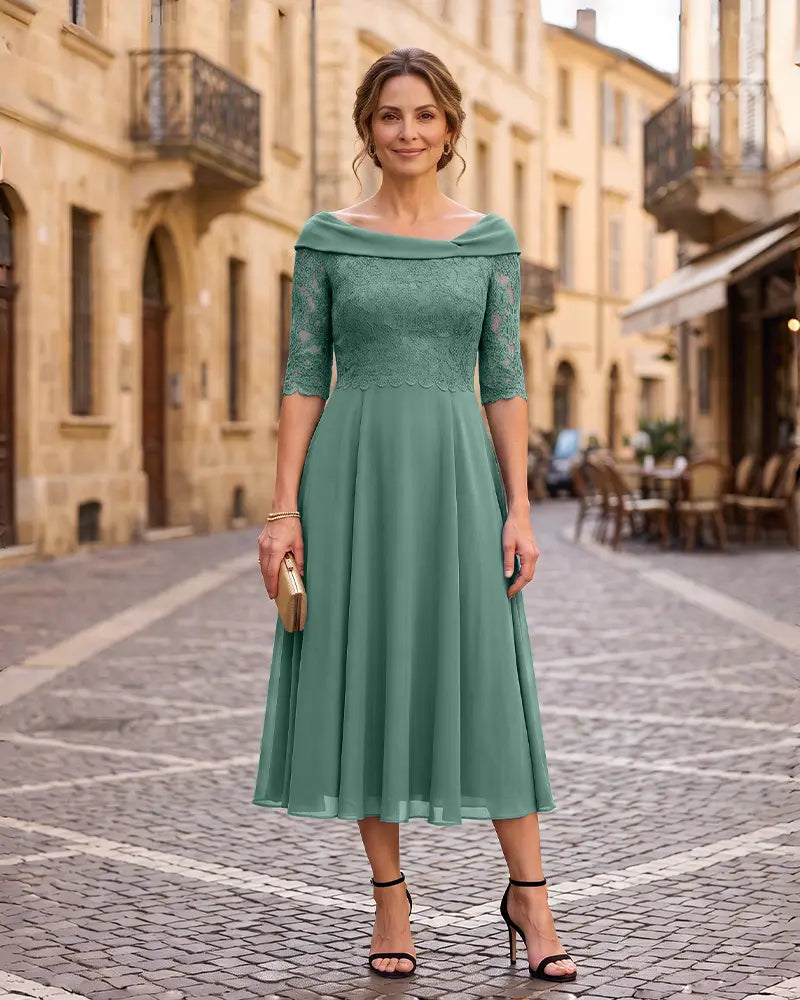 Off‑the‑Shoulder 3/4 Lace Sleeve Mother of the Bride Dress