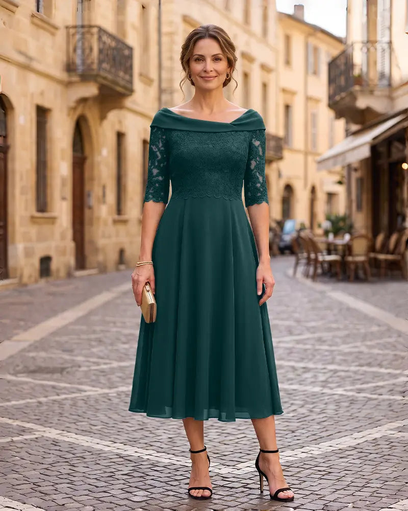 Off‑the‑Shoulder 3/4 Lace Sleeve Mother of the Bride Dress