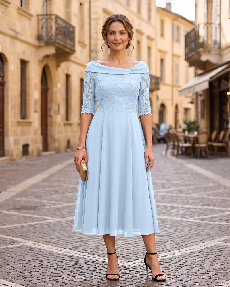 Off‑the‑Shoulder 3/4 Lace Sleeve Mother of the Bride Dress