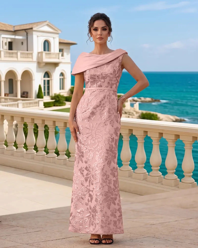 Draped Cowl Neck Sequin Sheath Mother of the Bride Dress