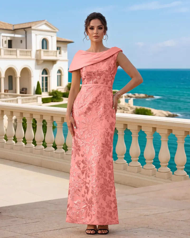 Draped Cowl Neck Sequin Sheath Mother of the Bride Dress