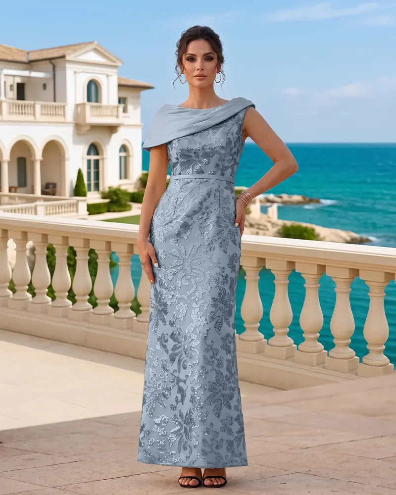 Draped Cowl Neck Sequin Sheath Mother of the Bride Dress