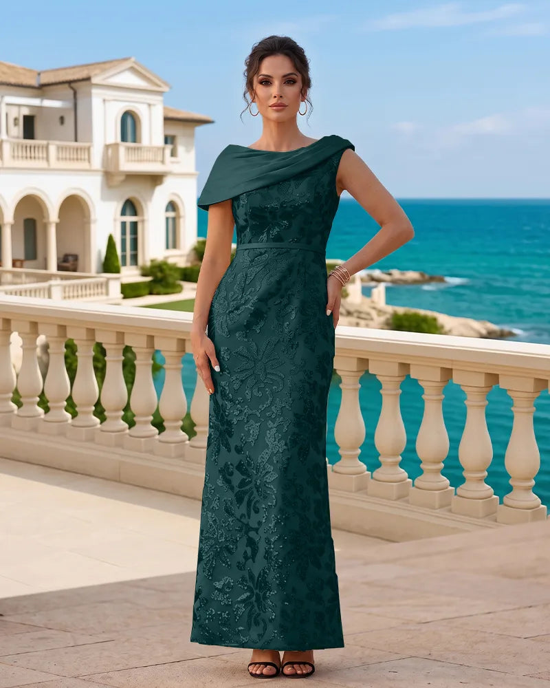 Draped Cowl Neck Sequin Sheath Mother of the Bride Dress