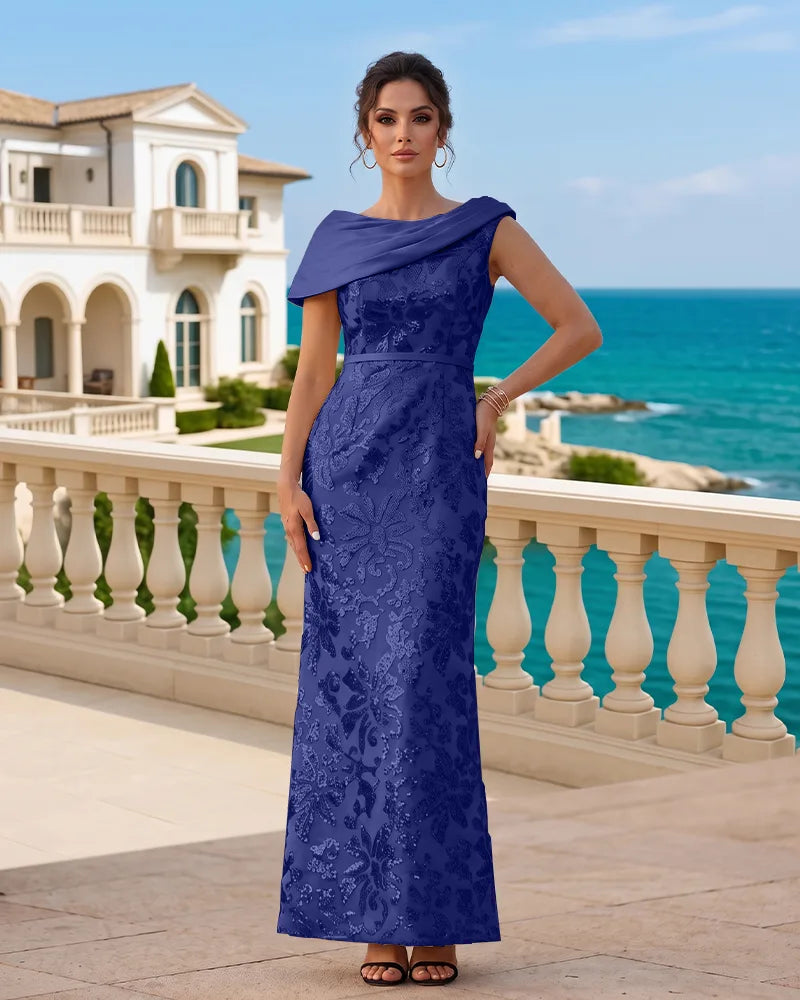 Draped Cowl Neck Sequin Sheath Mother of the Bride Dress