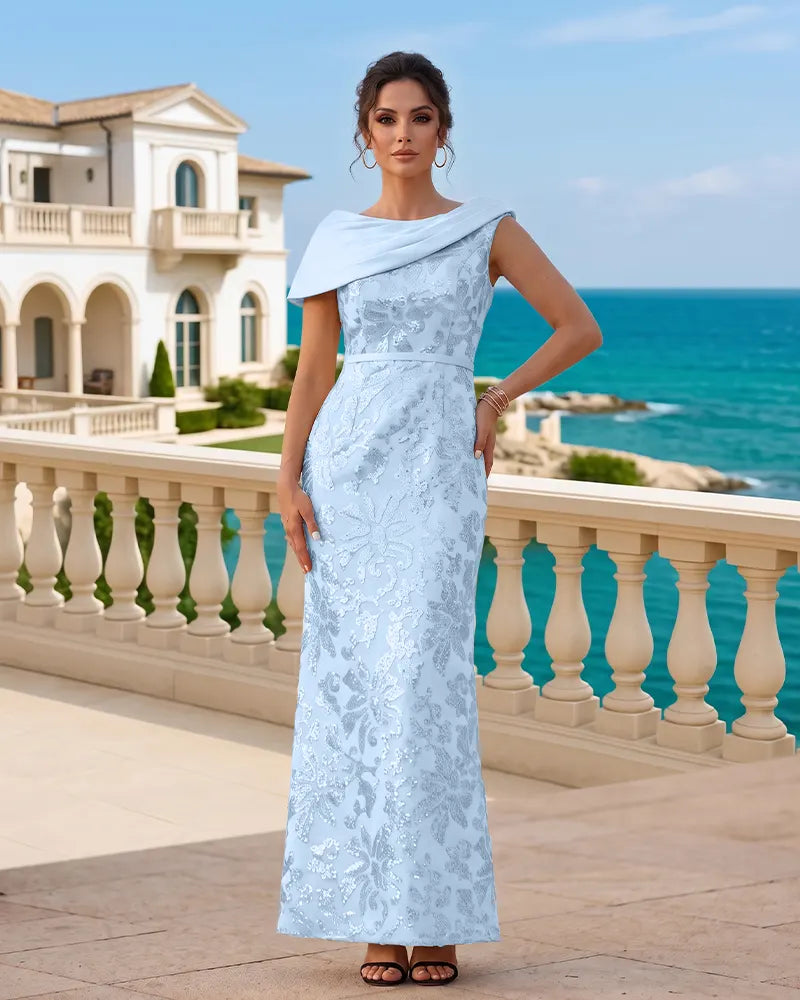 Draped Cowl Neck Sequin Sheath Mother of the Bride Dress