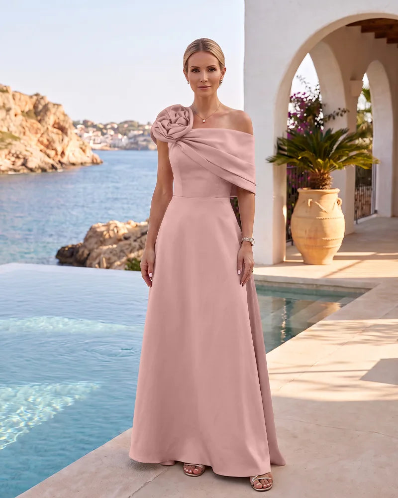 One Shoulder 3D Flower Satin A-Line Mother of the Bride Dress