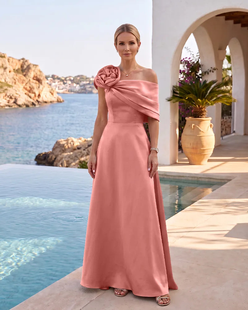 One Shoulder 3D Flower Satin A-Line Mother of the Bride Dress