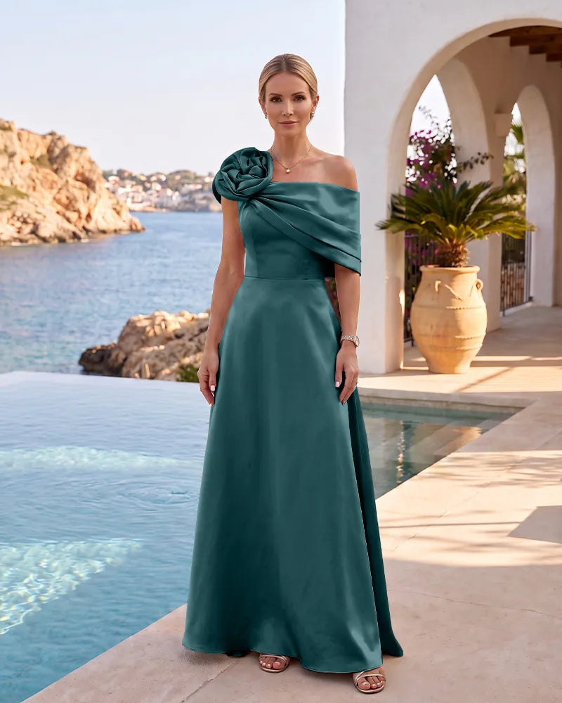 One Shoulder 3D Flower Satin A-Line Mother of the Bride Dress