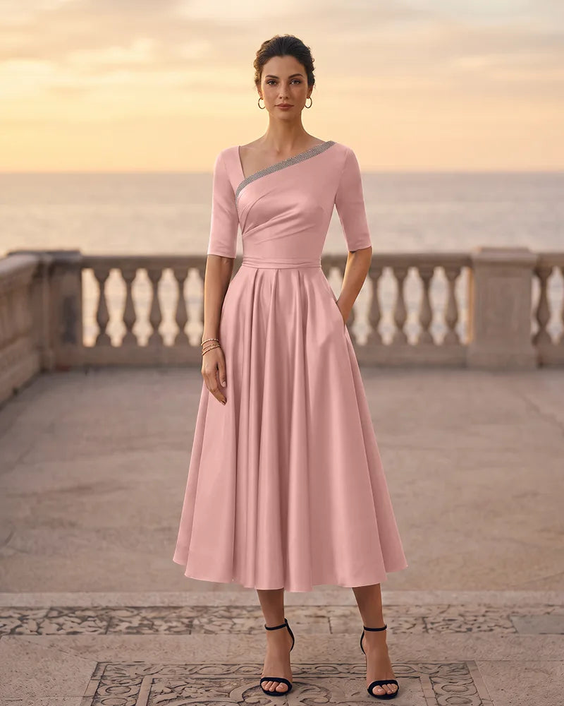 Asymmetric Neck Satin A‑line Mother of the Bride Dress