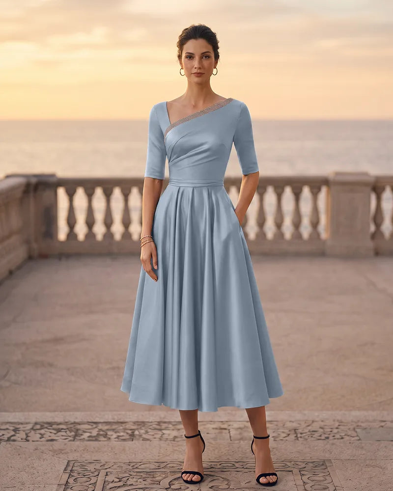 Asymmetric Neck Satin A‑line Mother of the Bride Dress