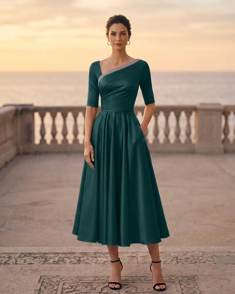 Asymmetric Neck Satin A‑line Mother of the Bride Dress