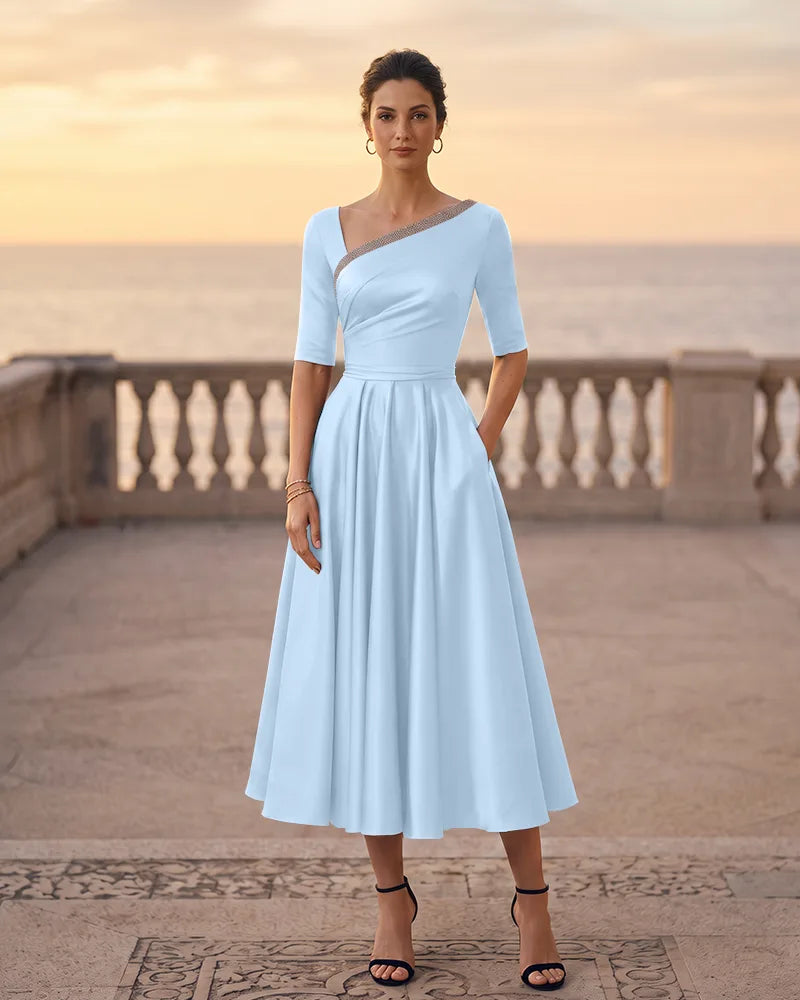 Asymmetric Neck Satin A‑line Mother of the Bride Dress