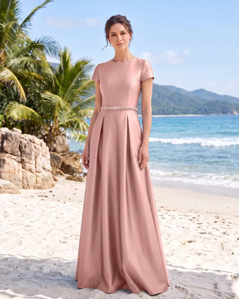 Round Neck Satin Mother of the Bride Dress with Beaded Belt