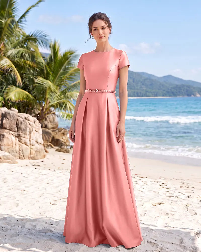 Round Neck Satin Mother of the Bride Dress with Beaded Belt