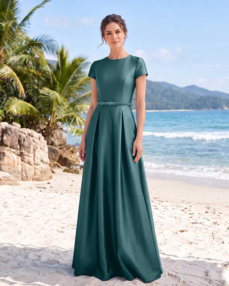Round Neck Satin Mother of the Bride Dress with Beaded Belt