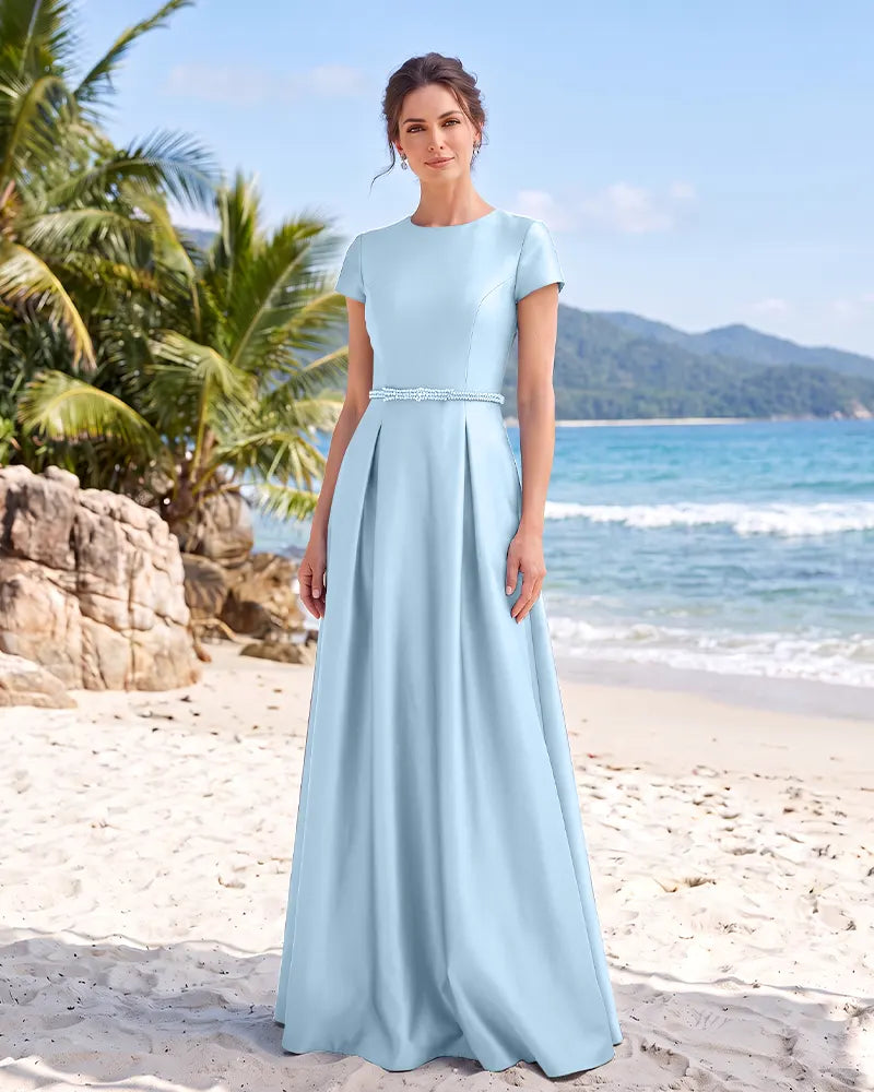 Round Neck Satin Mother of the Bride Dress with Beaded Belt
