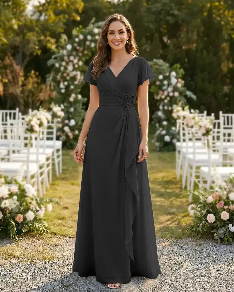 A-Line-Chiffon-Mother-of-the-Bride-Dress-with-Flutter-Sleeves-Black-1
