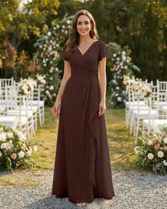 A-Line-Chiffon-Mother-of-the-Bride-Dress-with-Flutter-Sleeves-Brown-1