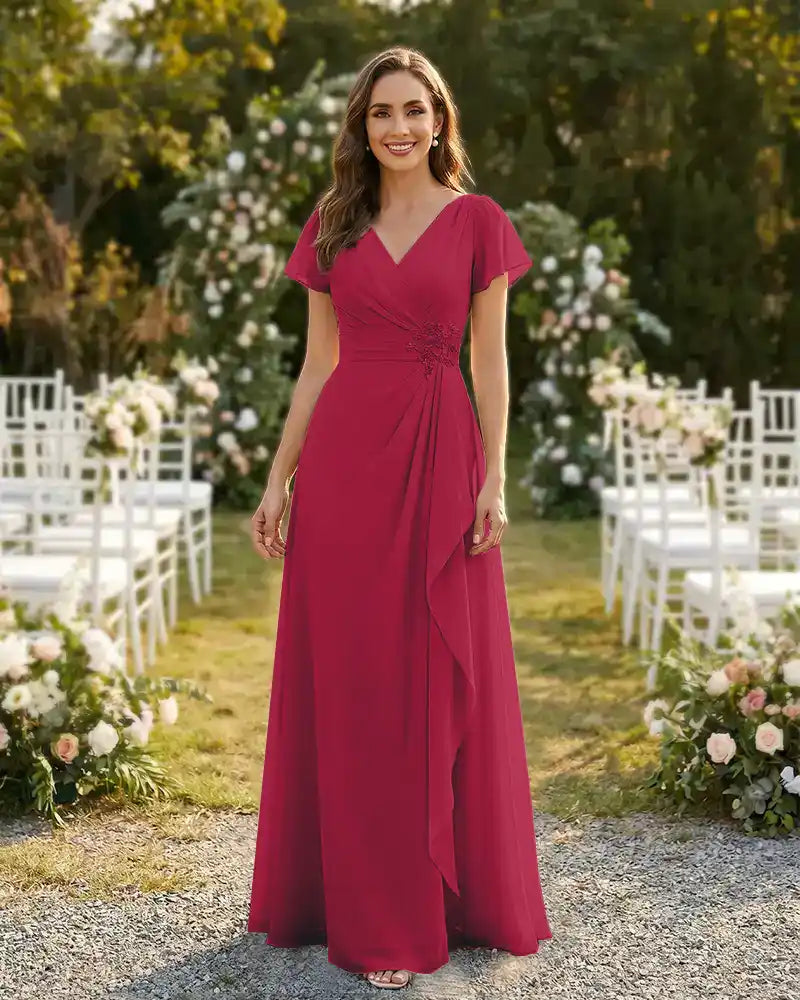 A-Line-Chiffon-Mother-of-the-Bride-Dress-with-Flutter-Sleeves-Hot-Pink-1
