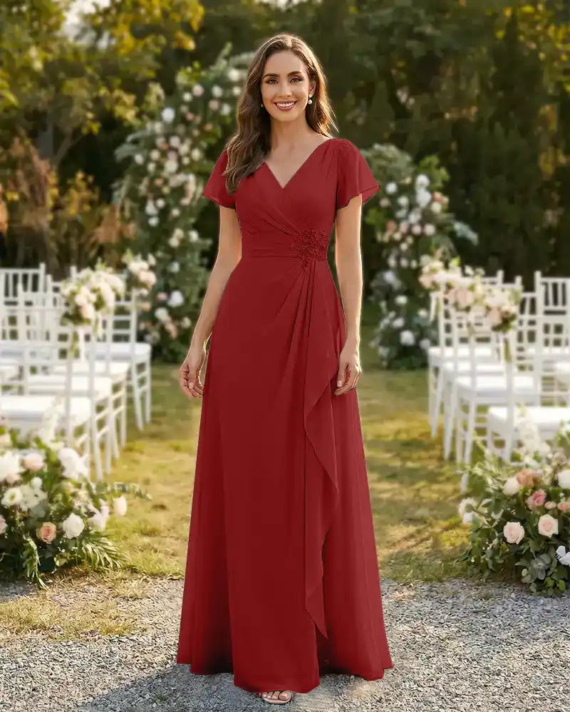 A-Line-Chiffon-Mother-of-the-Bride-Dress-with-Flutter-Sleeves-Red-1