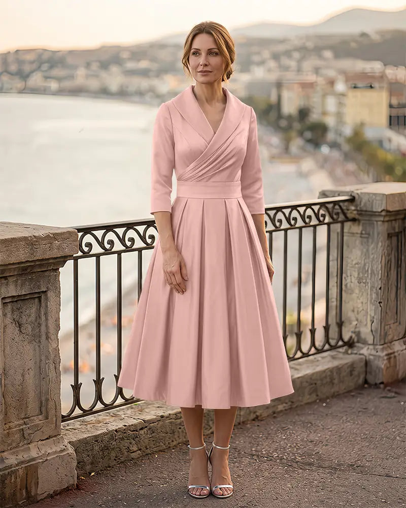 3/4 Length Sleeve Pleated Satin Mother of the Bride Dress