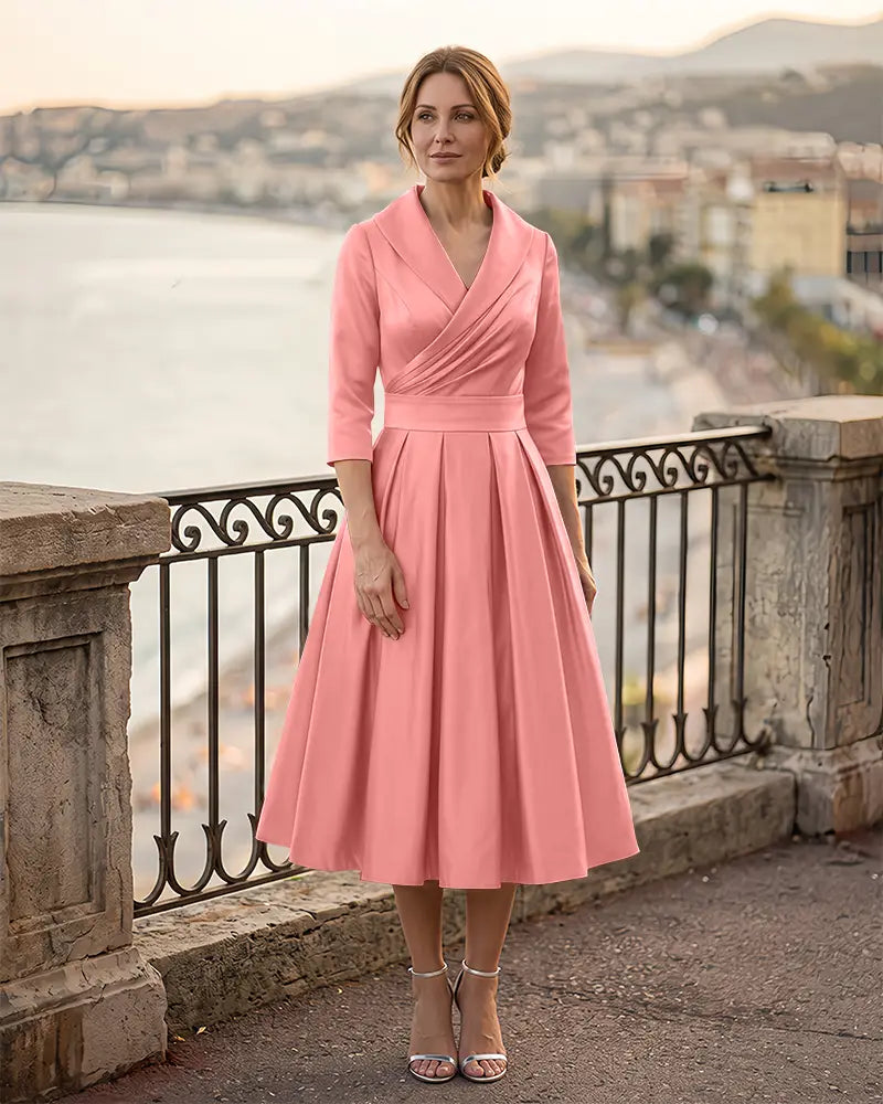3/4 Length Sleeve Pleated Satin Mother of the Bride Dress
