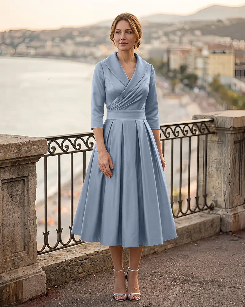3/4 Length Sleeve Pleated Satin Mother of the Bride Dress