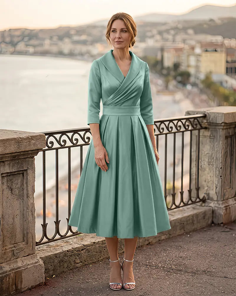 3/4 Length Sleeve Pleated Satin Mother of the Bride Dress