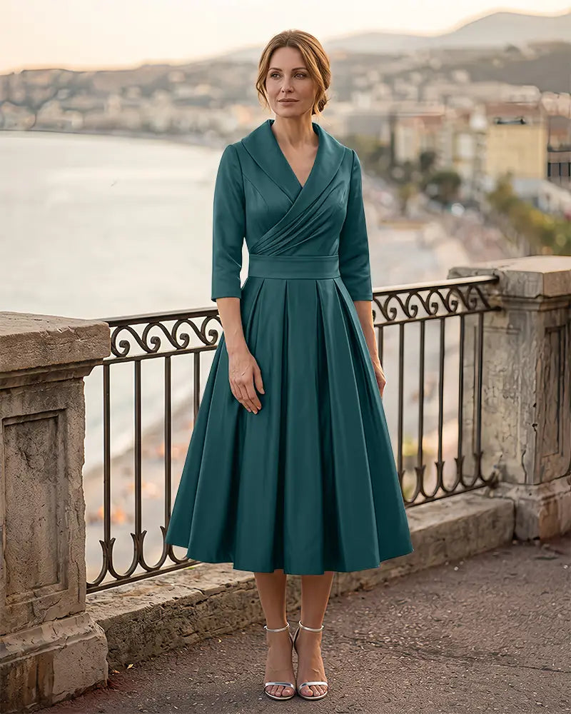 3/4 Length Sleeve Pleated Satin Mother of the Bride Dress