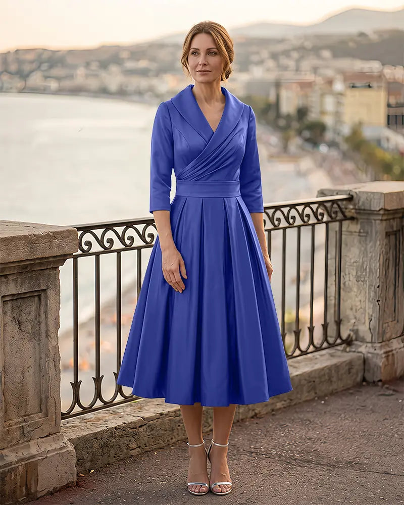 3/4 Length Sleeve Pleated Satin Mother of the Bride Dress