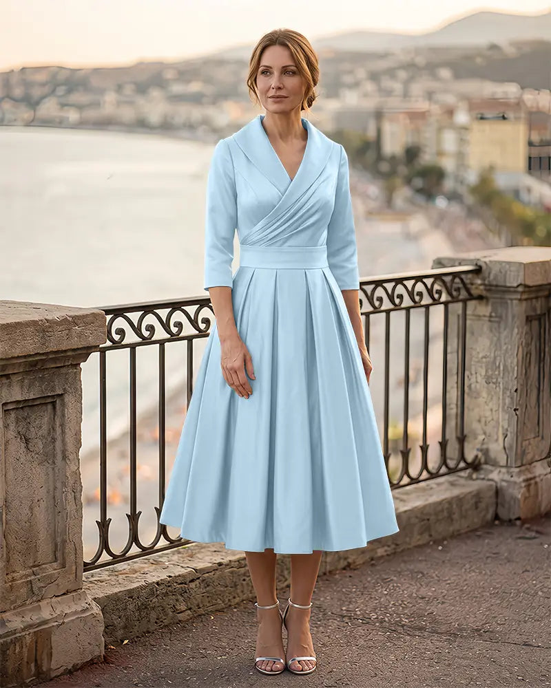 3/4 Length Sleeve Pleated Satin Mother of the Bride Dress