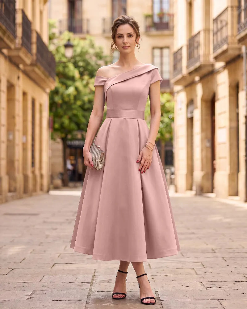 One‑Shoulder Satin A‑line Midi Mother of the Bride Dress