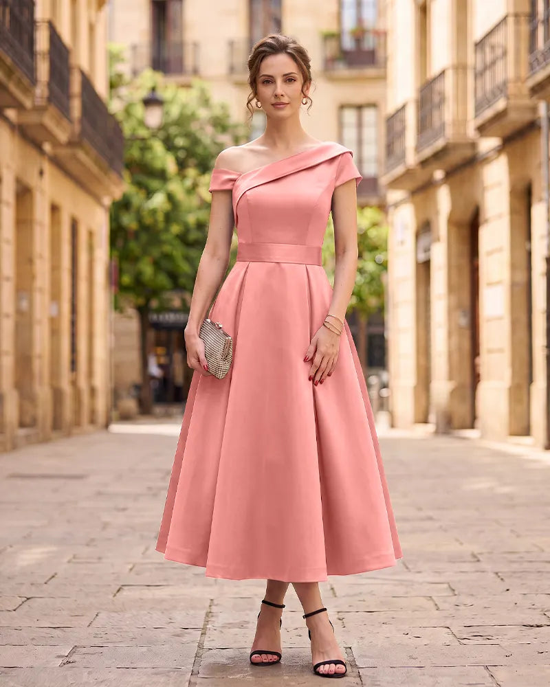 One‑Shoulder Satin A‑line Midi Mother of the Bride Dress