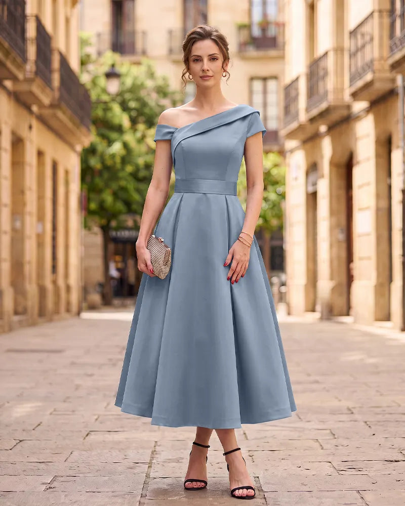 One‑Shoulder Satin A‑line Midi Mother of the Bride Dress