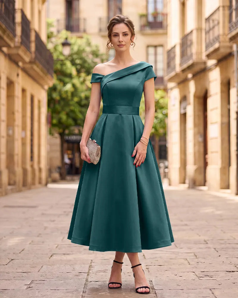 One‑Shoulder Satin A‑line Midi Mother of the Bride Dress