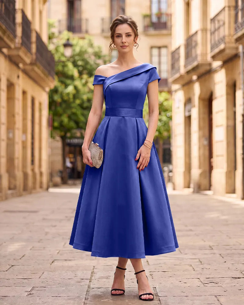 One‑Shoulder Satin A‑line Midi Mother of the Bride Dress