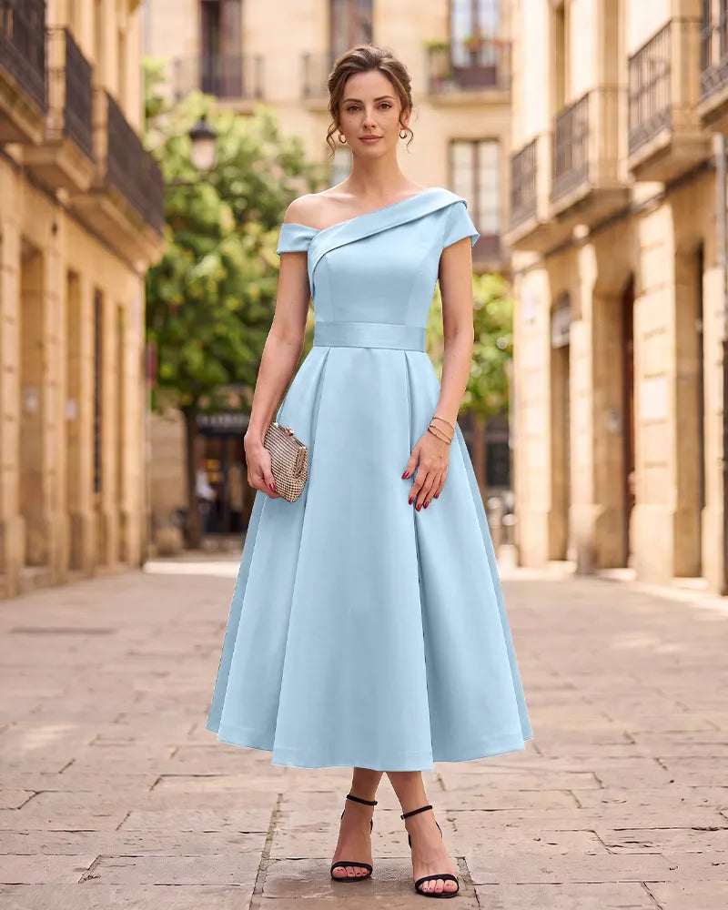 One‑Shoulder Satin A‑line Midi Mother of the Bride Dress