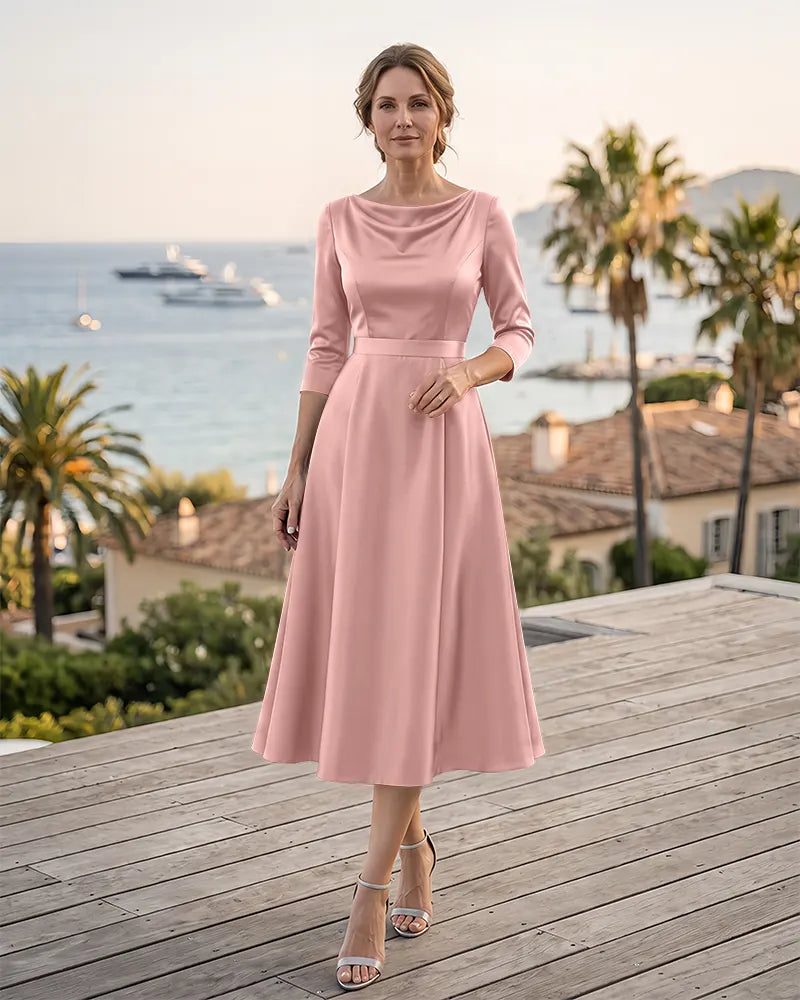 Wide Waistband Cowl Neck Satin Mother of the Bride Midi Dress