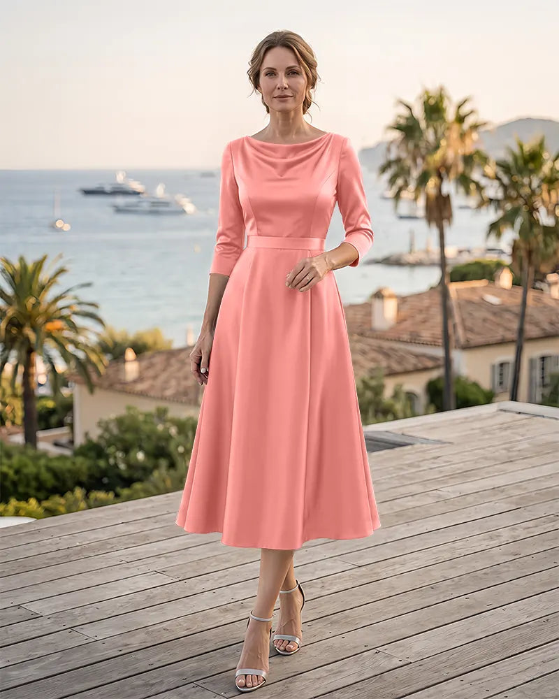 Wide Waistband Cowl Neck Satin Mother of the Bride Midi Dress