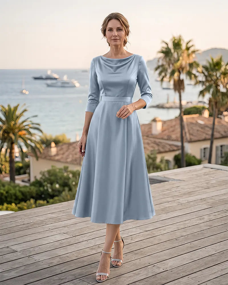 Wide Waistband Cowl Neck Satin Mother of the Bride Midi Dress