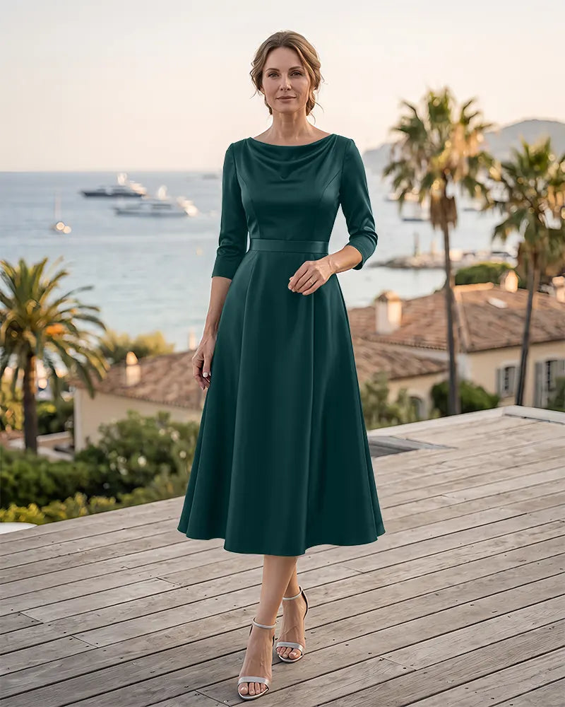 Wide Waistband Cowl Neck Satin Mother of the Bride Midi Dress