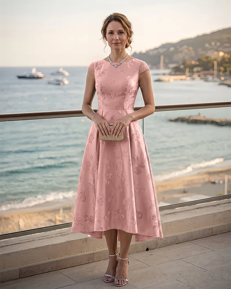 Jacquard Mother of the Bride Midi Dress with Beaded Sleeves