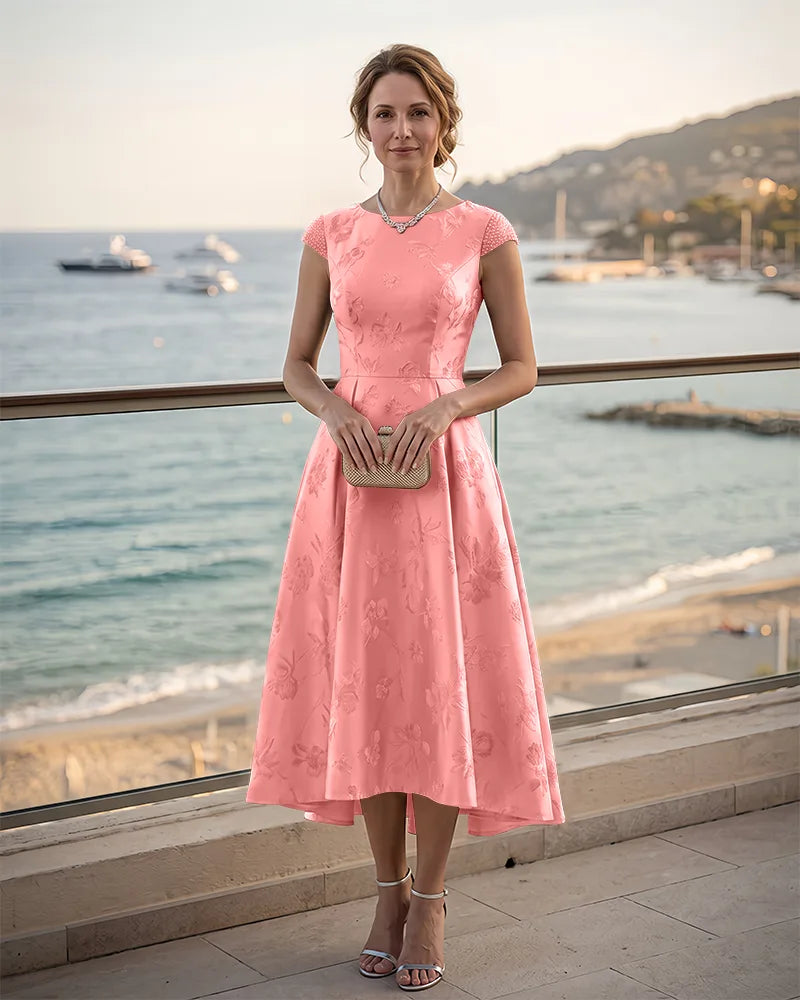Jacquard Mother of the Bride Midi Dress with Beaded Sleeves