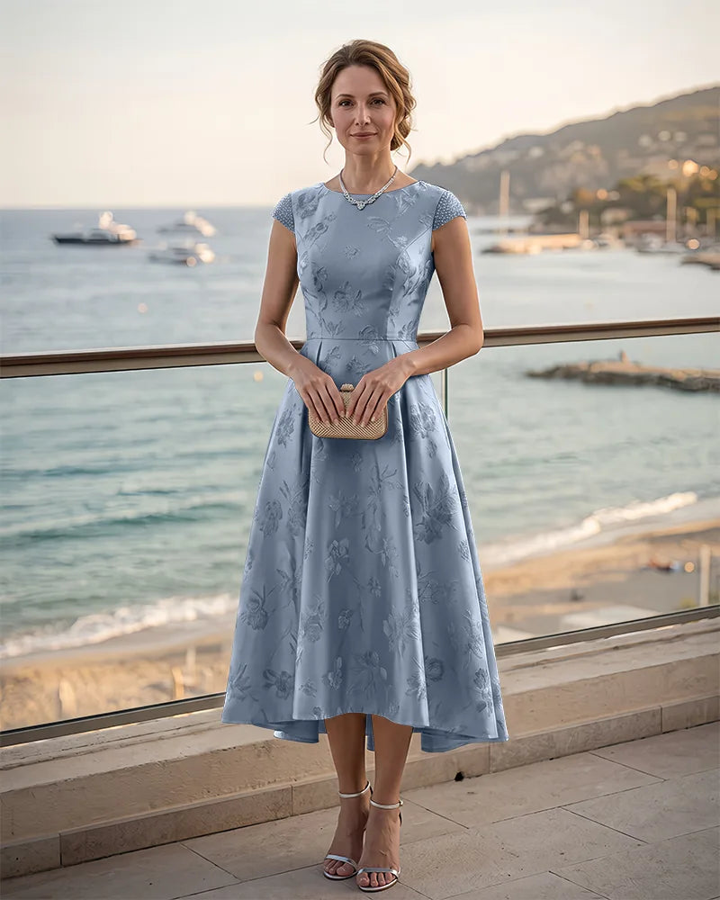 Jacquard Mother of the Bride Midi Dress with Beaded Sleeves